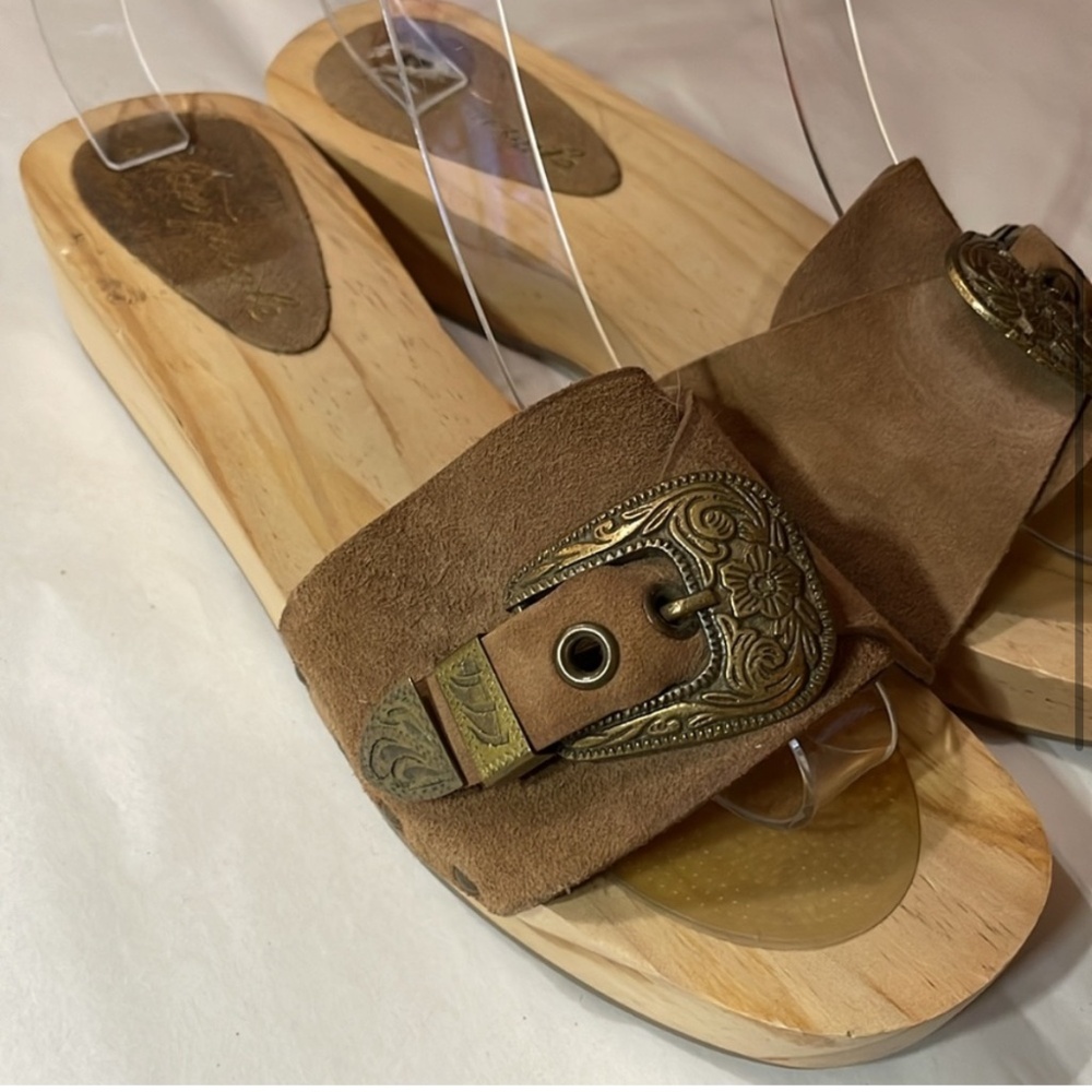 Free People Brown Suede Clog Sandals with Buckle Detail - Picture 3 of 4